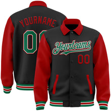 Laden Sie das Bild in den Galerie-Viewer, Uksn Individuelles Bomberjacke in Schwarz-Kelly-Grün-Rot mit Byron-Stil, Reverskragen, Druckknopfleiste, Zweifarben-Design und Varsity-Letterman-Stil
