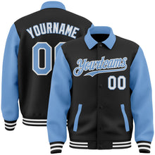 Laden Sie das Bild in den Galerie-Viewer, Uksn Individuelles Bomberjacke in Schwarz-Hellblau-Weiß mit Byron-Stil, Reverskragen, Druckknopfleiste, Zweifarben-Design und Varsity-Letterman-Stil
