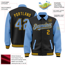 Laden Sie das Bild in den Galerie-Viewer, Uksn Individuelles Bomberjacke in Schwarz-Hellblau-Gold mit Byron-Stil, Reverskragen, Druckknopfleiste, Zweifarben-Design und Varsity-Letterman-Stil

