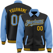 Laden Sie das Bild in den Galerie-Viewer, Uksn Individuelles Bomberjacke in Schwarz-Hellblau-Gold mit Byron-Stil, Reverskragen, Druckknopfleiste, Zweifarben-Design und Varsity-Letterman-Stil
