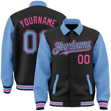 Laden Sie das Bild in den Galerie-Viewer, Uksn Individuelles Bomberjacke in Schwarz-Hellblau-Pink mit Byron-Stil, Reverskragen, Druckknopfleiste, Zweifarben-Design und Varsity-Letterman-Stil
