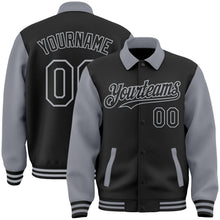 Laden Sie das Bild in den Galerie-Viewer, Uksn Individuelles Bomberjacke in Schwarz-Grau mit Byron-Stil, Reverskragen, Druckknopfleiste, Zweifarben-Design und Varsity-Letterman-Stil
