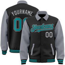 Laden Sie das Bild in den Galerie-Viewer, Uksn Individuelles Bomberjacke in Schwarz-Petrol-Grau mit Byron-Stil, Reverskragen, Druckknopfleiste, Zweifarben-Design und Varsity-Letterman-Stil
