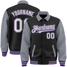 Laden Sie das Bild in den Galerie-Viewer, Uksn Individuelles Bomberjacke in Schwarz-Grau-Violett mit Byron-Stil, Reverskragen, Druckknopfleiste, Zweifarben-Design und Varsity-Letterman-Stil
