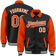Laden Sie das Bild in den Galerie-Viewer, Uksn Individuelles Bomberjacke in Schwarz-Orange-Weiß mit Byron-Stil, Reverskragen, Druckknopfleiste, Zweifarben-Design und Varsity-Letterman-Stil

