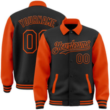 Laden Sie das Bild in den Galerie-Viewer, Uksn Individuelles Bomberjacke in Schwarz-Orange mit Byron-Stil, Reverskragen, Druckknopfleiste, Zweifarben-Design und Varsity-Letterman-Stil

