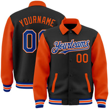 Laden Sie das Bild in den Galerie-Viewer, Uksn Individuelles Bomberjacke in Schwarz-Royalblau-Orange mit Byron-Stil, Reverskragen, Druckknopfleiste, Zweifarben-Design und Varsity-Letterman-Stil
