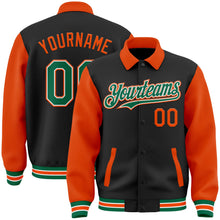 Laden Sie das Bild in den Galerie-Viewer, Uksn Individuelles Bomberjacke in Schwarz-Kelly-Grün-Orange mit Byron-Stil, Reverskragen, Druckknopfleiste, Zweifarben-Design und Varsity-Letterman-Stil

