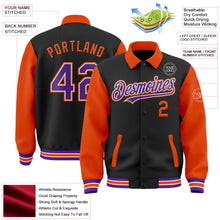 Laden Sie das Bild in den Galerie-Viewer, Uksn Individuelles Bomberjacke in Schwarz-Violett-Orange mit Byron-Stil, Reverskragen, Druckknopfleiste, Zweifarben-Design und Varsity-Letterman-Stil
