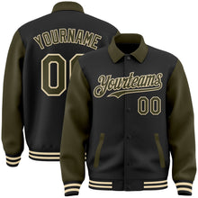 Laden Sie das Bild in den Galerie-Viewer, Uksn Individuelles Bomberjacke in Schwarz-Oliv-Creme mit Byron-Stil, Reverskragen, Druckknopfleiste, Zweifarben-Design und Varsity-Letterman-Stil
