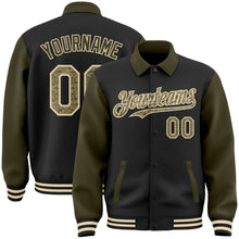 Laden Sie das Bild in den Galerie-Viewer, Uksn Individuelles Bomberjacke in Schwarz-Camouflage-Oliv-Creme mit Byron-Stil, Reverskragen, Druckknopfleiste, Zweifarben-Design und Varsity-Letterman-Stil
