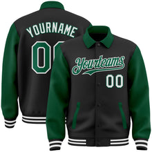 Laden Sie das Bild in den Galerie-Viewer, Uksn Individuelles Bomberjacke in Schwarz-Kelly-Grün-Weiß mit Byron-Stil, Reverskragen, Druckknopfleiste, Zweifarben-Design und Varsity-Letterman-Stil
