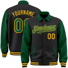 Laden Sie das Bild in den Galerie-Viewer, Uksn Individuelles Bomberjacke in Schwarz-Kelly-Grün-Gold mit Byron-Stil, Reverskragen, Druckknopfleiste, Zweifarben-Design und Varsity-Letterman-Stil
