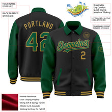 Laden Sie das Bild in den Galerie-Viewer, Uksn Individuelles Bomberjacke in Schwarz-Kelly-Grün-Altgold mit Byron-Stil, Reverskragen, Druckknopfleiste, Zweifarben-Design und Varsity-Letterman-Stil
