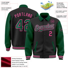 Laden Sie das Bild in den Galerie-Viewer, Uksn Individuelles Bomberjacke in Schwarz-Kelly-Grün-Pink mit Byron-Stil, Reverskragen, Druckknopfleiste, Zweifarben-Design und Varsity-Letterman-Stil
