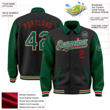 Laden Sie das Bild in den Galerie-Viewer, Uksn Individuelles Bomberjacke in Schwarz-Kelly-Grün-Rot mit Byron-Stil, Reverskragen, Druckknopfleiste, Zweifarben-Design und Varsity-Letterman-Stil
