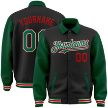 Laden Sie das Bild in den Galerie-Viewer, Uksn Individuelles Bomberjacke in Schwarz-Kelly-Grün-Rot mit Byron-Stil, Reverskragen, Druckknopfleiste, Zweifarben-Design und Varsity-Letterman-Stil
