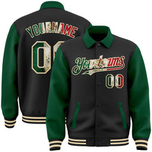 Laden Sie das Bild in den Galerie-Viewer, Uksn Individuelles Bomberjacke in Schwarz-Kelly-Grün-Creme mit Vintage-Mexiko-Flagge, Byron-Stil, Reverskragen, Druckknopfleiste, Zweifarben-Design und Varsity-Letterman-Stil
