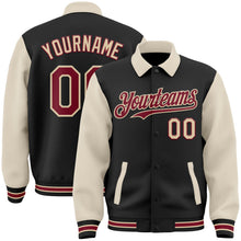 Laden Sie das Bild in den Galerie-Viewer, Uksn Individuelles Bomberjacke in Schwarz-Karmesinrot-Creme-City-Creme mit Byron-Stil, Reverskragen, Druckknopfleiste, Zweifarben-Design und Varsity-Letterman-Stil
