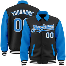 Laden Sie das Bild in den Galerie-Viewer, Uksn Individuelles Bomberjacke in Schwarz-Puderblau-Weiß mit Byron-Stil, Reverskragen, Druckknopfleiste, Zweifarben-Design und Varsity-Letterman-Stil
