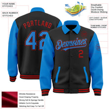 Laden Sie das Bild in den Galerie-Viewer, Uksn Individuelles Bomberjacke in Schwarz-Puderblau-Rot mit Byron-Stil, Reverskragen, Druckknopfleiste, Zweifarben-Design und Varsity-Letterman-Stil
