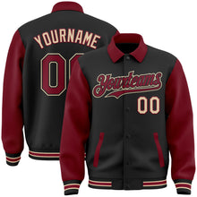 Laden Sie das Bild in den Galerie-Viewer, Uksn Individuelles Bomberjacke in Schwarz-Karmesinrot-City-Creme mit Byron-Stil, Reverskragen, Druckknopfleiste, Zweifarben-Design und Varsity-Letterman-Stil
