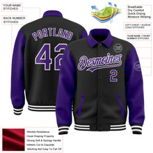 Laden Sie das Bild in den Galerie-Viewer, Uksn Individuelles Bomberjacke in Schwarz-Violett-Weiß mit Byron-Stil, Reverskragen, Druckknopfleiste, Zweifarben-Design und Varsity-Letterman-Stil
