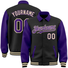 Laden Sie das Bild in den Galerie-Viewer, Uksn Individuelles Bomberjacke in Schwarz-Violett-Creme mit Byron-Stil, Reverskragen, Druckknopfleiste, Zweifarben-Design und Varsity-Letterman-Stil
