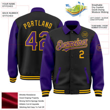 Laden Sie das Bild in den Galerie-Viewer, Uksn Individuelles Bomberjacke in Schwarz-Violett-Gold mit Byron-Stil, Reverskragen, Druckknopfleiste, Zweifarben-Design und Varsity-Letterman-Stil
