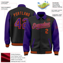 Laden Sie das Bild in den Galerie-Viewer, Uksn Individuelles Bomberjacke in Schwarz-Violett-Orange mit Byron-Stil, Reverskragen, Druckknopfleiste, Zweifarben-Design und Varsity-Letterman-Stil
