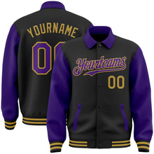 Laden Sie das Bild in den Galerie-Viewer, Uksn Individuelles Bomberjacke in Schwarz-Violett-Altgold mit Byron-Stil, Reverskragen, Druckknopfleiste, Zweifarben-Design und Varsity-Letterman-Stil
