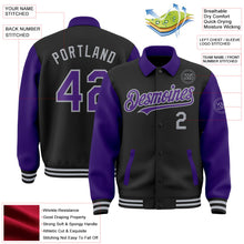Laden Sie das Bild in den Galerie-Viewer, Uksn Individuelles Bomberjacke in Schwarz-Violett-Grau mit Byron-Stil, Reverskragen, Druckknopfleiste, Zweifarben-Design und Varsity-Letterman-Stil
