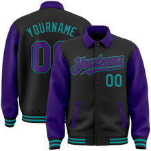 Laden Sie das Bild in den Galerie-Viewer, Uksn Individuelles Bomberjacke in Schwarz-Violett-Petrol mit Byron-Stil, Reverskragen, Druckknopfleiste, Zweifarben-Design und Varsity-Letterman-Stil
