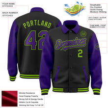 Laden Sie das Bild in den Galerie-Viewer, Uksn Individuelles Bomberjacke in Schwarz-Violett-Neongrün mit Byron-Stil, Reverskragen, Druckknopfleiste, Zweifarben-Design und Varsity-Letterman-Stil
