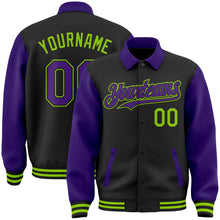 Laden Sie das Bild in den Galerie-Viewer, Uksn Individuelles Bomberjacke in Schwarz-Violett-Neongrün mit Byron-Stil, Reverskragen, Druckknopfleiste, Zweifarben-Design und Varsity-Letterman-Stil
