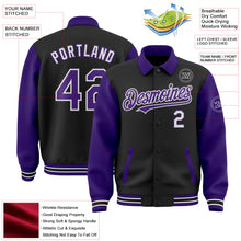 Laden Sie das Bild in den Galerie-Viewer, Uksn Individuelles Bomberjacke in Schwarz-Violett-Weiß mit Byron-Stil, Reverskragen, Druckknopfleiste, Zweifarben-Design und Varsity-Letterman-Stil
