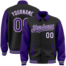 Laden Sie das Bild in den Galerie-Viewer, Uksn Individuelles Bomberjacke in Schwarz-Violett-Weiß mit Byron-Stil, Reverskragen, Druckknopfleiste, Zweifarben-Design und Varsity-Letterman-Stil
