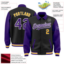Laden Sie das Bild in den Galerie-Viewer, Uksn Individuelles Bomberjacke in Schwarz-Violett-Gold mit Byron-Stil, Reverskragen, Druckknopfleiste, Zweifarben-Design und Varsity-Letterman-Stil
