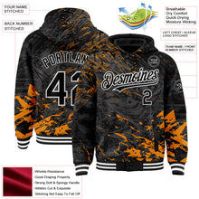 Laden Sie das Bild in den Galerie-Viewer, Uksn Individuelles Bomberjacke in Schwarz-Orange-Weiß mit 3D-Thunfisch-Angel-Motiv, Druckknopfleiste, Kapuze und Varsity-Letterman-Stil
