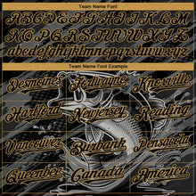 Laden Sie das Bild in den Galerie-Viewer, Uksn Individuelles Bomberjacke in Schwarz-Altgold mit 3D-Schwarzbarsch-Angel-Motiv, Druckknopfleiste, Kapuze und Varsity-Letterman-Stil
