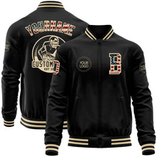Laden Sie das Bild in den Galerie-Viewer, Uksn Individuelles Bomberjacke in Schwarz-Creme mit Vintage-USA-Flagge, Reißverschluss und Varsity-Letterman-Stil
