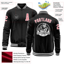 Laden Sie das Bild in den Galerie-Viewer, Uksn Individuelles Bomberjacke in Schwarz-Mittelrosa-Weiß mit Reißverschluss und Varsity-Letterman-Stil
