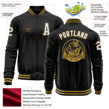Laden Sie das Bild in den Galerie-Viewer, Uksn Individuelles Bomberjacke in Schwarz-Weiß-Altgold mit Reißverschluss und Varsity-Letterman-Stil
