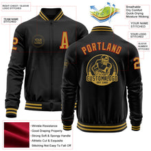 Laden Sie das Bild in den Galerie-Viewer, Uksn Individuelles Bomberjacke in Schwarz-Altgold-Rot mit Reißverschluss und Varsity-Letterman-Stil
