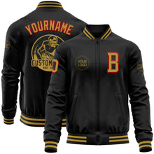 Laden Sie das Bild in den Galerie-Viewer, Uksn Individuelles Bomberjacke in Schwarz-Altgold-Rot mit Reißverschluss und Varsity-Letterman-Stil
