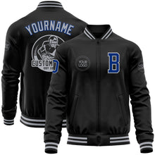 Laden Sie das Bild in den Galerie-Viewer, Uksn Individuelles Bomberjacke in Schwarz-Royalblau-Grau mit Reißverschluss und Varsity-Letterman-Stil
