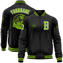 Laden Sie das Bild in den Galerie-Viewer, Uksn Individuelles Bomberjacke in Schwarz-Neongrün-Weiß mit Reißverschluss und Varsity-Letterman-Stil
