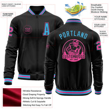 Laden Sie das Bild in den Galerie-Viewer, Uksn Individuelles Bomberjacke in Schwarz-Himmelblau-Pink mit Reißverschluss und Varsity-Letterman-Stil

