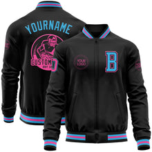 Laden Sie das Bild in den Galerie-Viewer, Uksn Individuelles Bomberjacke in Schwarz-Himmelblau-Pink mit Reißverschluss und Varsity-Letterman-Stil

