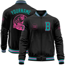 Laden Sie das Bild in den Galerie-Viewer, Uksn Individuelles Bomberjacke in Schwarz-Aqua-Pink mit Reißverschluss und Varsity-Letterman-Stil

